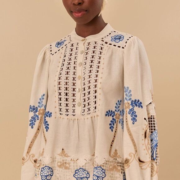 Farm Rio Off-White Romantic Richelieu Blouse Embroidered Size Large New with tag - Picture 1 of 5